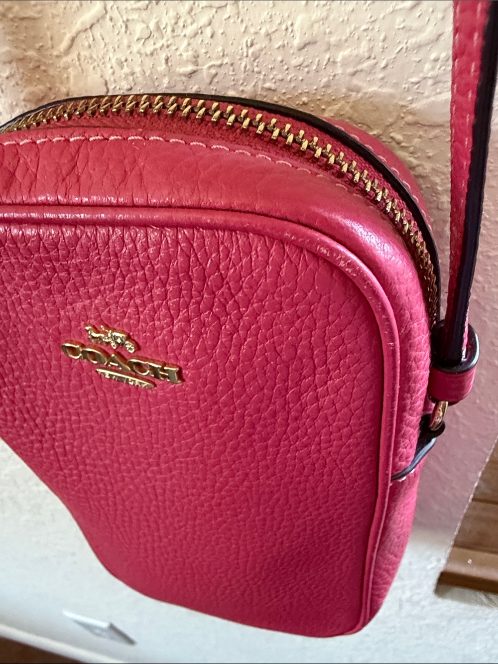 Coach Pebbled Leather Phone Crossbody - Pink with Gold Logo - Picture 5 of 14